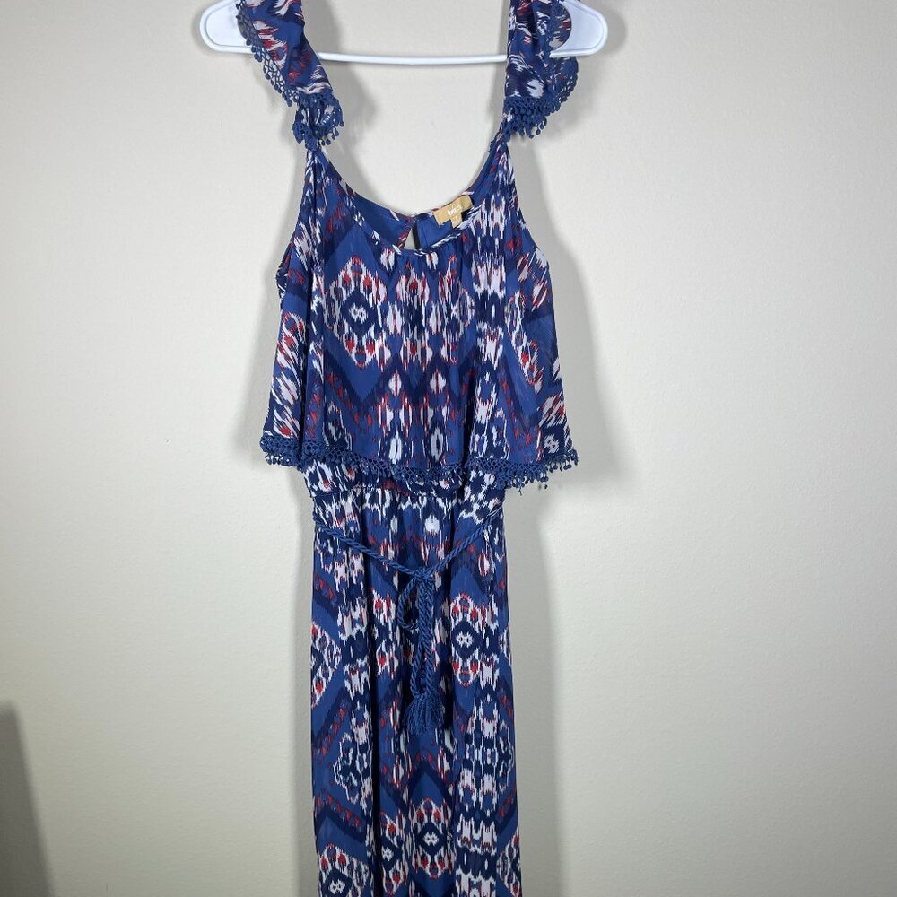 Takara Women's Tank Top Blue Red Maxi Dress Elastic Tie Waist Small!